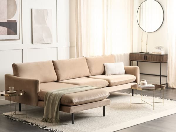 Kulmasohva beige neljälle samettiverhoilu alumiinijalat pehmusteet moderni retro