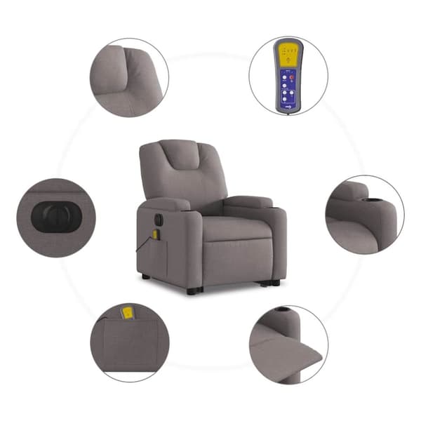 vidaXL Elektrisk massagefåtölj med uppresningshjälp taupe tyg