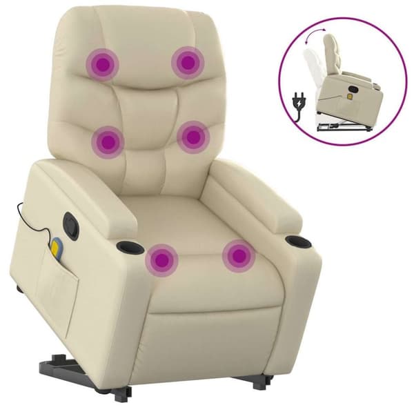 vidaXL Massagefåtölj med uppresningshjälp gräddvit konstläder
