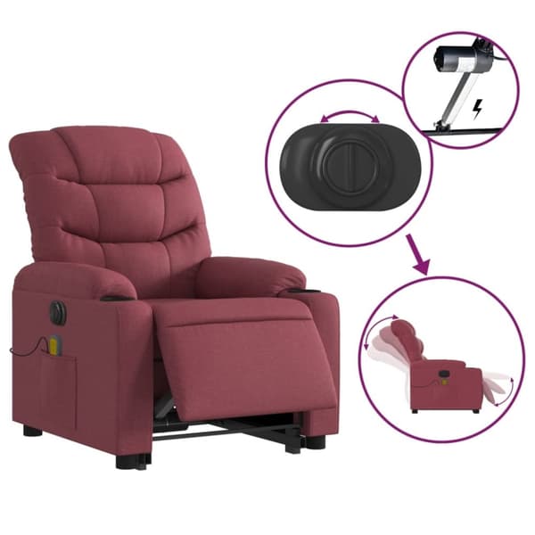 vidaXL Elektrisk massagefåtölj med uppresningshjälp vinröd tyg