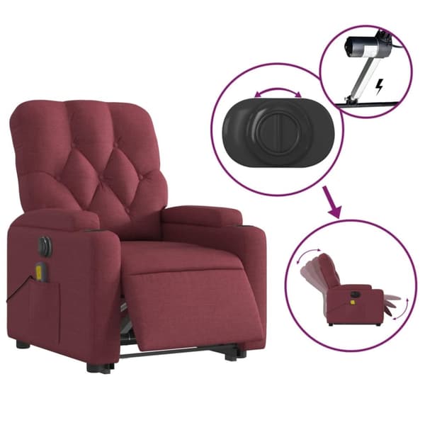 vidaXL Elektrisk massagefåtölj med uppresningshjälp vinröd tyg