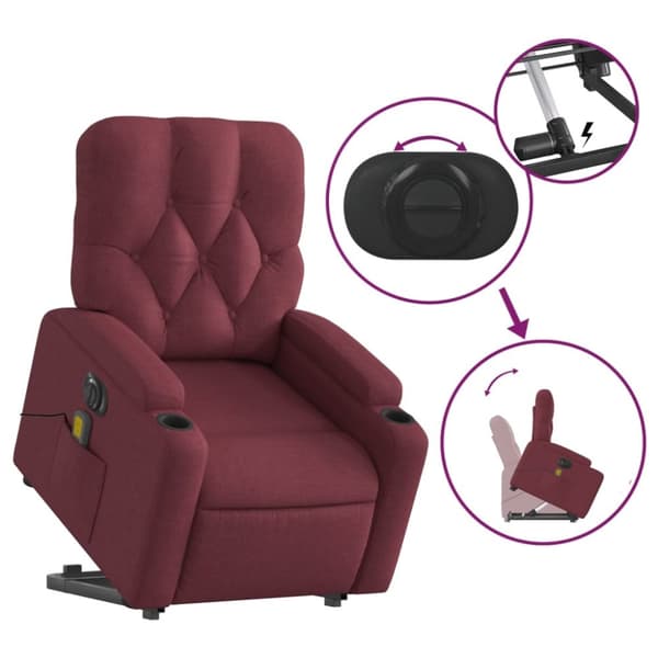 vidaXL Elektrisk massagefåtölj med uppresningshjälp vinröd tyg