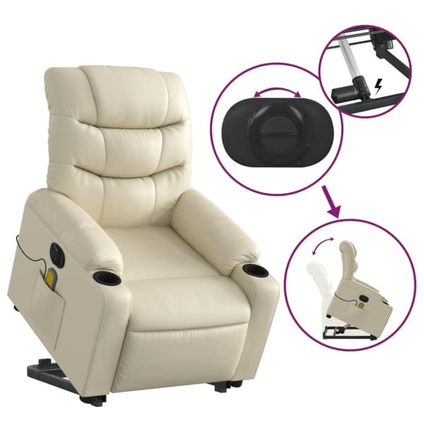 vidaXL Massagefåtölj med uppresningshjälp gräddvit konstläder