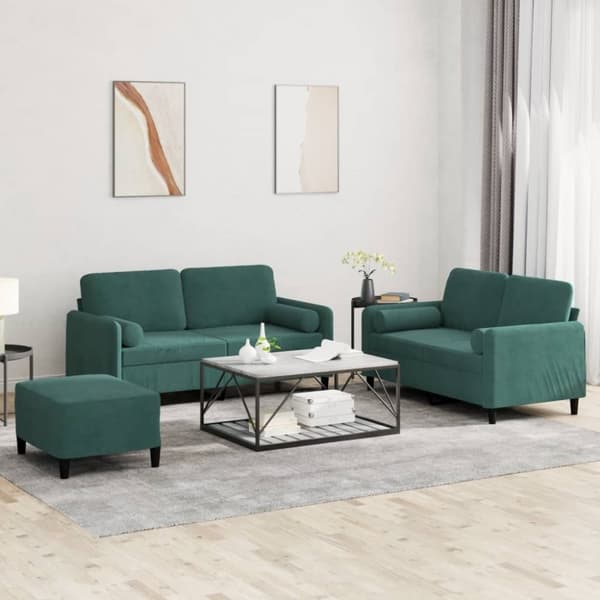 vidaXL sofasæt 3 dele med puder velour mørkegrøn