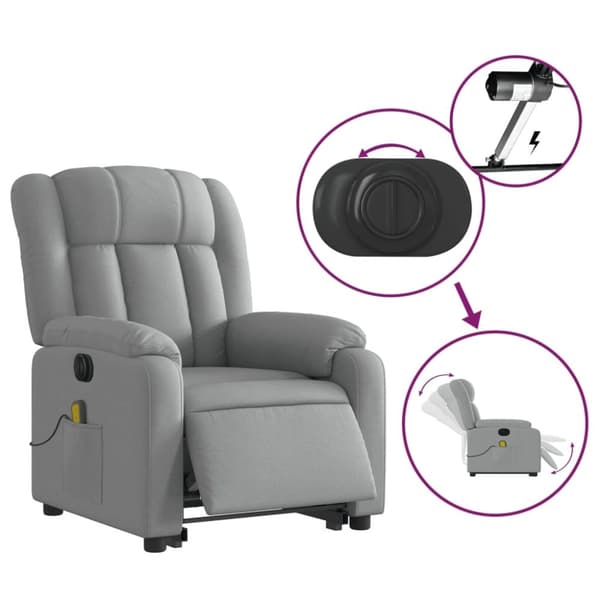 vidaXL Elektrisk massagefåtölj med uppresningshjälp ljusgrå tyg