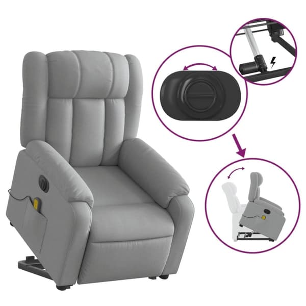 vidaXL Elektrisk massagefåtölj med uppresningshjälp ljusgrå tyg