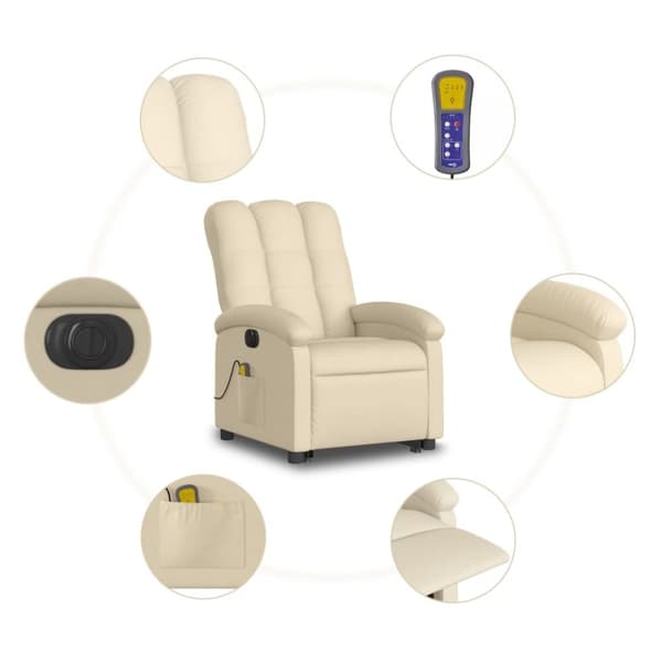 vidaXL Elektrisk massagefåtölj med uppresningshjälp gräddvit tyg
