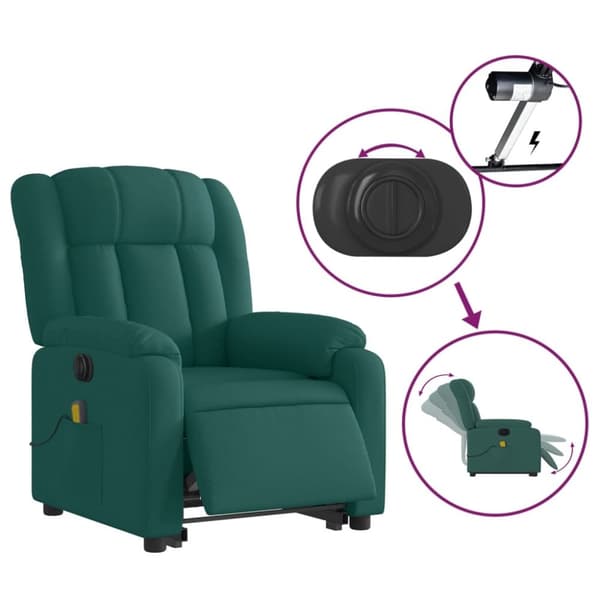 vidaXL Elektrisk massagefåtölj med uppresningshjälp mörkgrön tyg