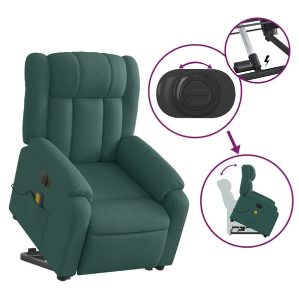 vidaXL Elektrisk massagefåtölj med uppresningshjälp mörkgrön tyg