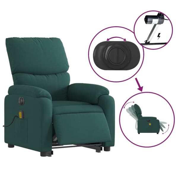 vidaXL Elektrisk massagefåtölj med uppresningshjälp mörkgrön tyg