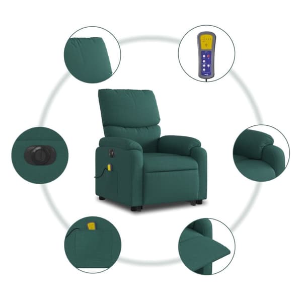 vidaXL Elektrisk massagefåtölj med uppresningshjälp mörkgrön tyg