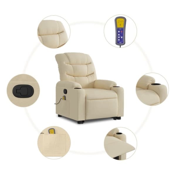 vidaXL Massagefåtölj med uppresningshjälp gräddvit tyg