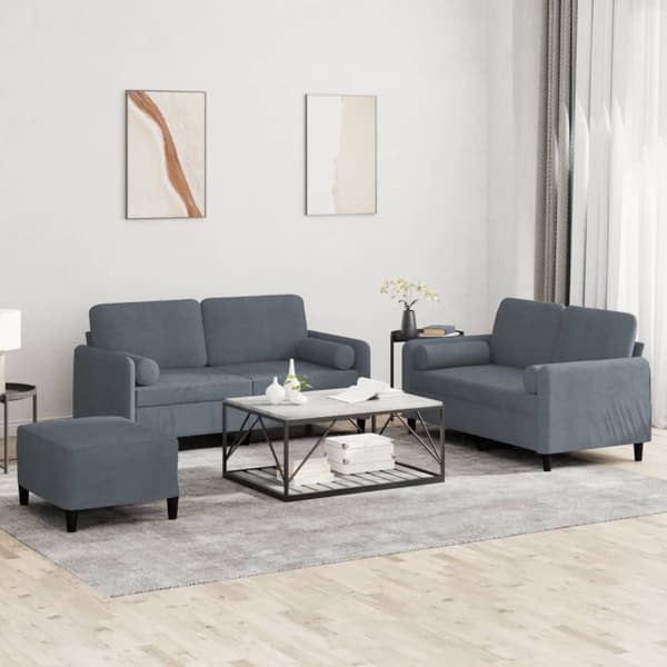 vidaXL sofasæt 3 dele med puder velour mørkegrå
