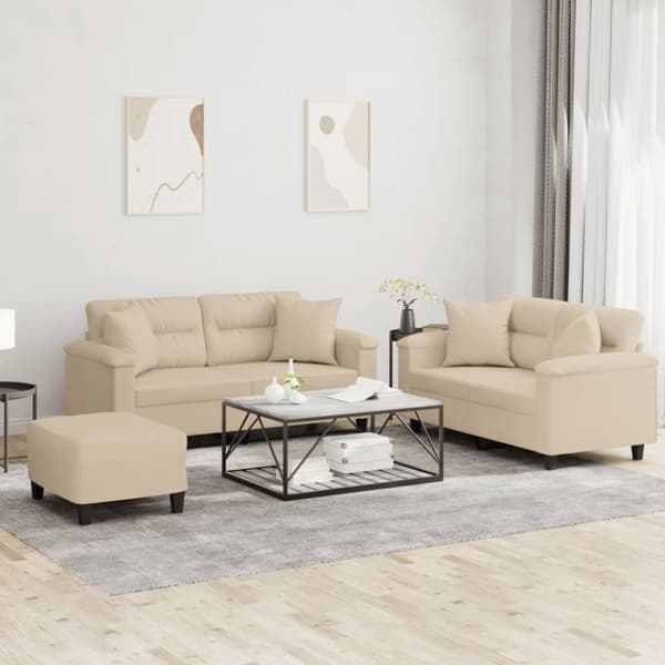vidaXL sofasæt 3 dele med puder mikrofiberstof cremefarvet