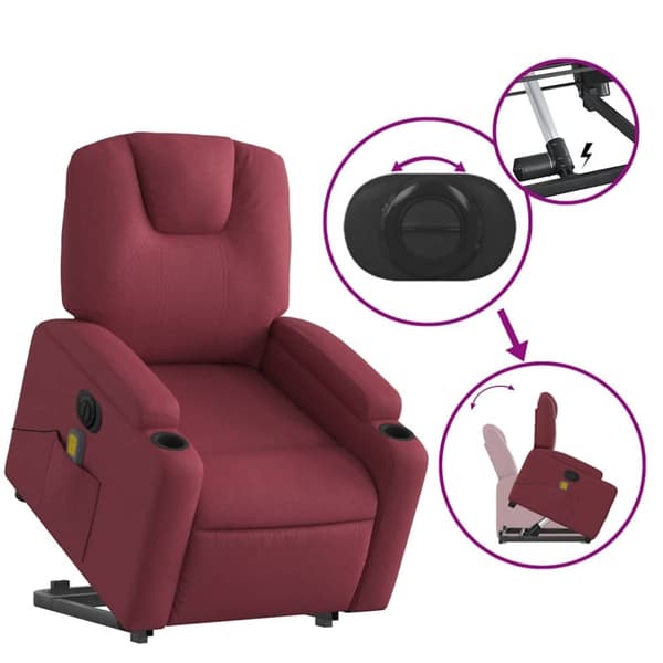 vidaXL Elektrisk massagefåtölj med uppresningshjälp vinröd tyg