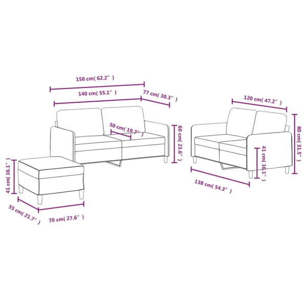 vidaXL sofasæt 3 dele velour vinrød