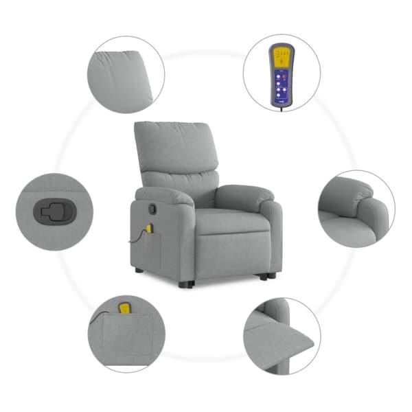 vidaXL Massagefåtölj med uppresningshjälp ljusgrå tyg