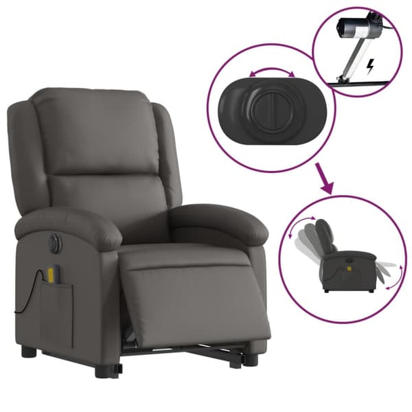 vidaXL Massagefåtölj med uppresningshjälp grå äkta läder