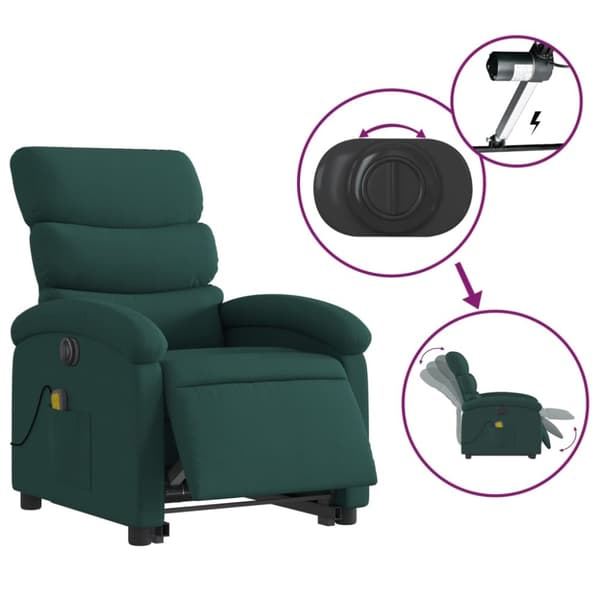 vidaXL Elektrisk massagefåtölj med uppresningshjälp mörkgrön tyg