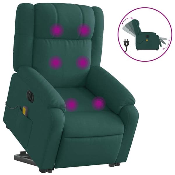 vidaXL Elektrisk massagefåtölj med uppresningshjälp mörkgrön tyg