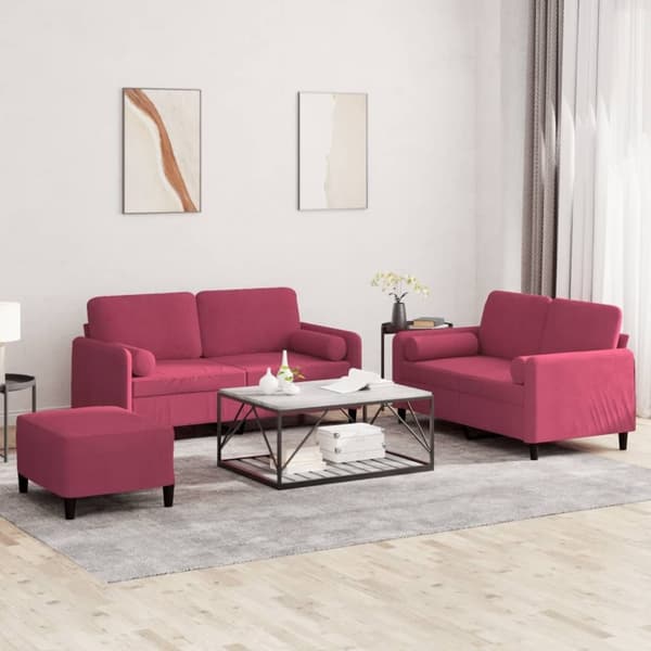 vidaXL sofasæt 3 dele med puder velour vinrød