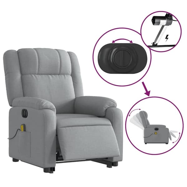 vidaXL Elektrisk massagefåtölj med uppresningshjälp ljusgrå tyg
