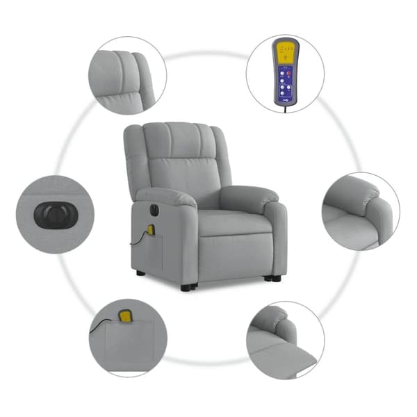 vidaXL Elektrisk massagefåtölj med uppresningshjälp ljusgrå tyg
