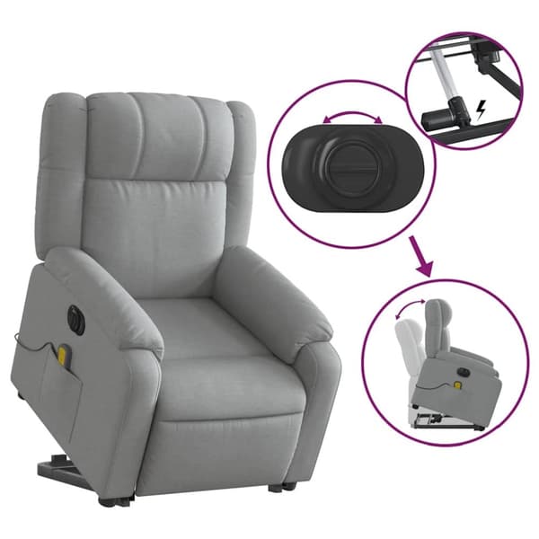 vidaXL Elektrisk massagefåtölj med uppresningshjälp ljusgrå tyg