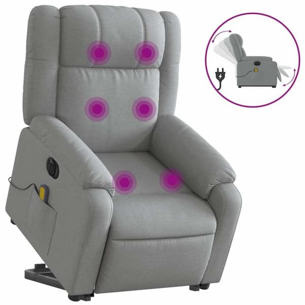 vidaXL Elektrisk massagefåtölj med uppresningshjälp ljusgrå tyg
