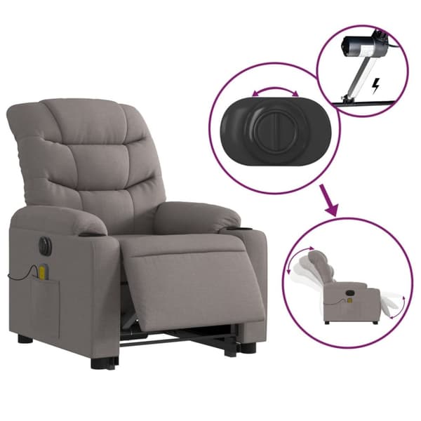 vidaXL Elektrisk massagefåtölj med uppresningshjälp taupe tyg