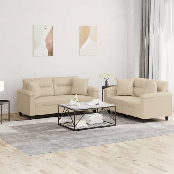 vidaXL sofasæt 2 dele med puder mikrofiberstof cremefarvet
