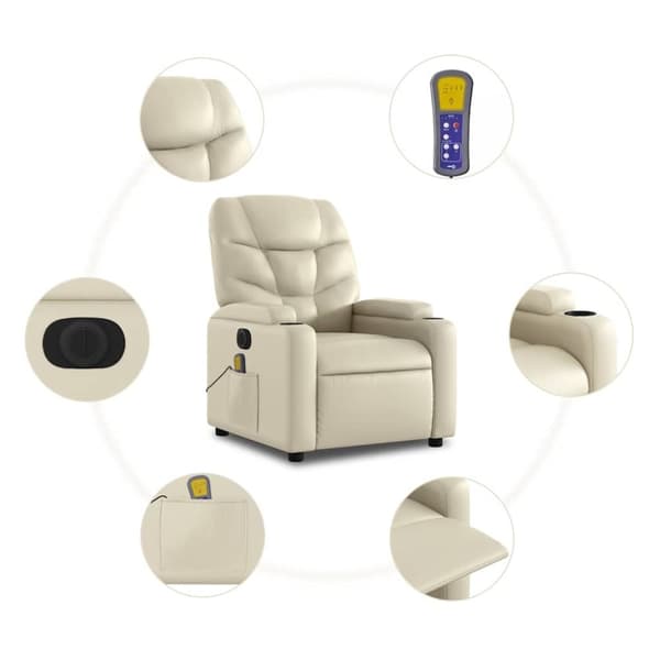 vidaXL Massagefåtölj med uppresningshjälp gräddvit konstläder