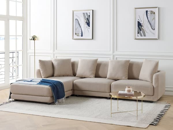 Sofa Beige Polyester 3 Personers Tyk Polstret Dyb Blød Stofsofa med Fodskammel til Stuen Moderne Inspiration Stue Møbel Moderne