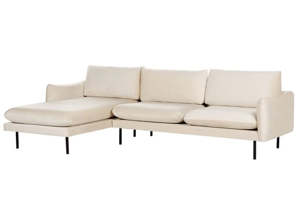 Hjørnesofa lys beige 4-personers fløjlspolstring aluminiumsben hynder moderne retro