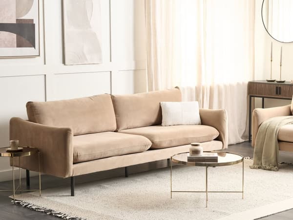 Soffa Beige Sammetstyg Svarta Soffben 3-sits Dynor Modern Retro-Stil Vardagsrum