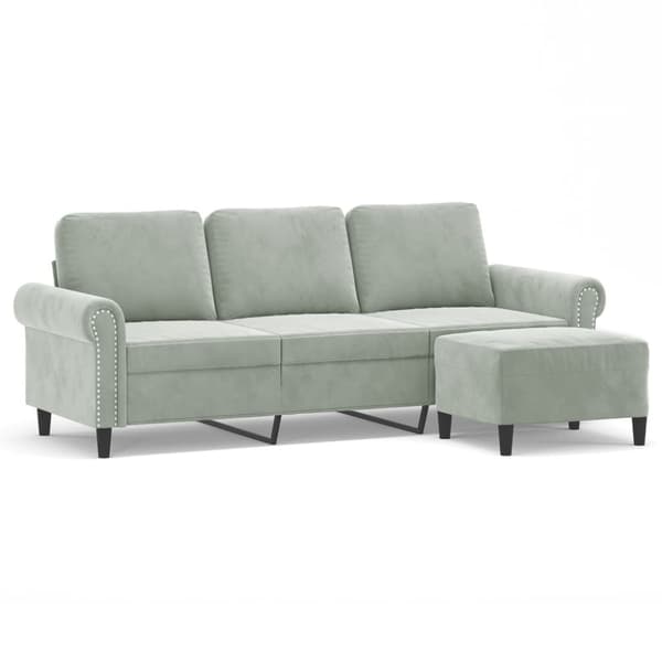 3-personers sofa med fodskammel 180 cm velour lysegrå