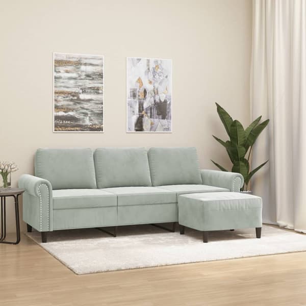 3-personers sofa med fodskammel 180 cm velour lysegrå