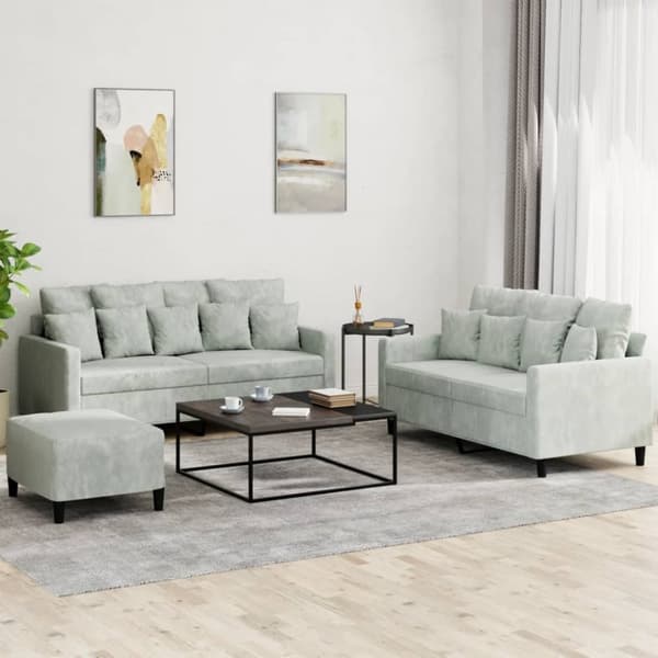sofasæt 3 dele med hynder velour lysegrå