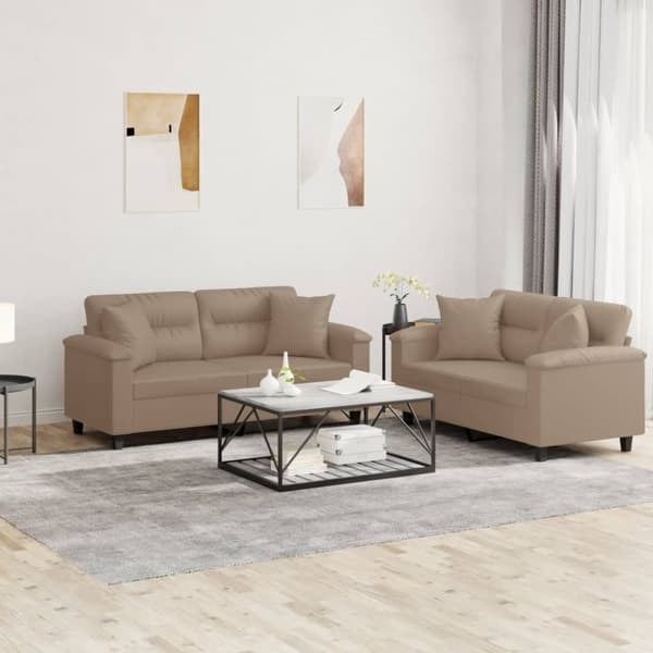 sofasæt 2 dele med puder kunstlæder cappuccinofarvet