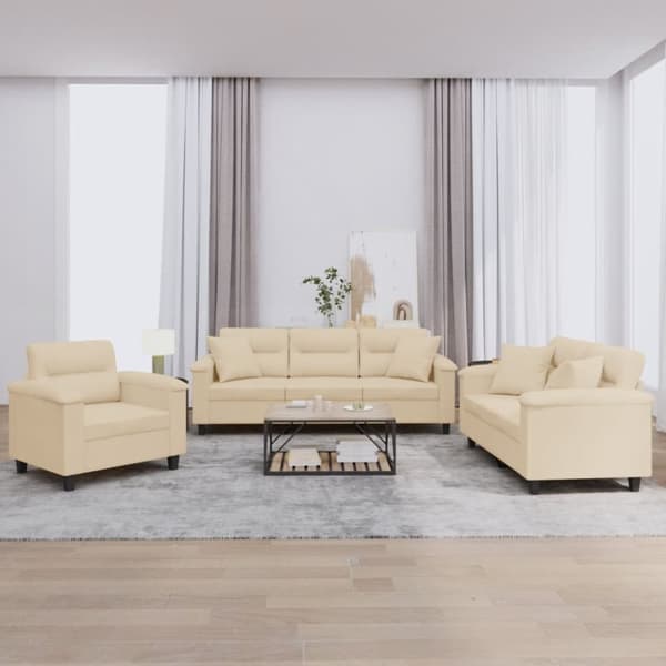 sofasæt 3 dele med puder mikrofiberstof cremefarvet