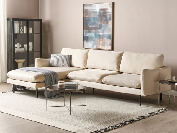 Hörnsoffa 4-sitsig Beige Sammetstyg Svarta Soffben Modern Retrostil Vardagsrum