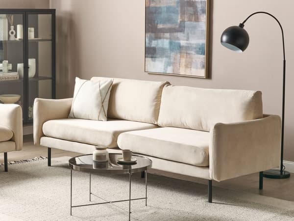Soffa Ljusbeige Sammetstyg Svarta Soffben 3-sits Dynor Modern Retro-Stil Vardagsrum