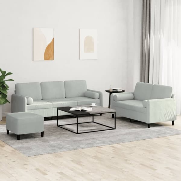 sofasæt 3 dele med puder velour lysegrå