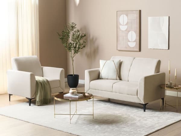 Sohva beige kangas verhoiltu mustat metallijalat kahdelle moderni retro tyyli