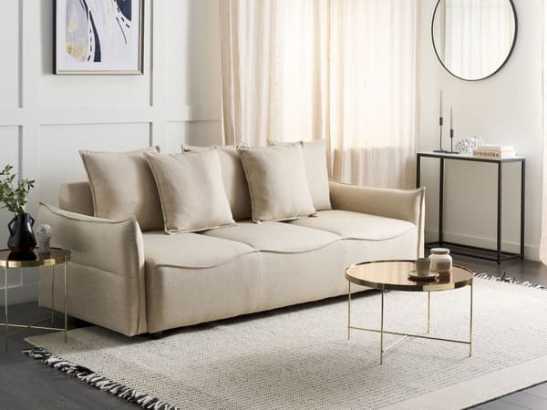 Vuodesohva beige kolmelle kangasverhoilu säilytystila koristetyynyt skandinaavinen