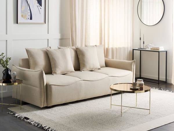 Vuodesohva beige kolmelle kangasverhoilu säilytystila koristetyynyt skandinaavinen