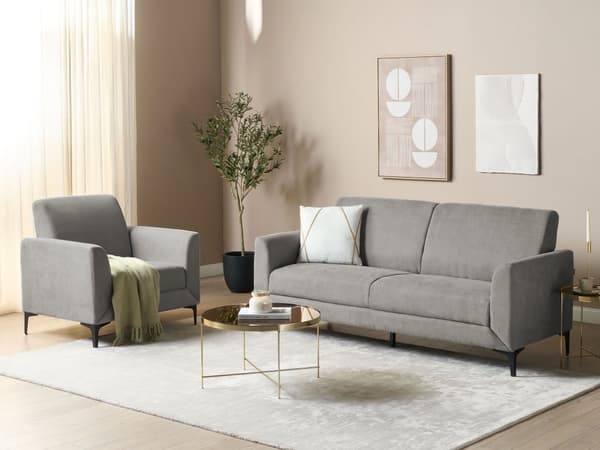 Sohva harmaa kangas verhoiltu mustat metallijalat kolmelle moderni retro tyyli