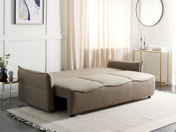 Sovesofa Brun sovesofa i polyesterstoff med oppbevaring Ekstra puter med avtagbare trekk Moderne minimalistisk stil Stue Soverom