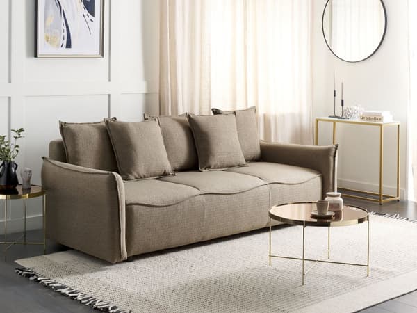 Sovesofa Brun sovesofa i polyesterstoff med oppbevaring Ekstra puter med avtagbare trekk Moderne minimalistisk stil Stue Soverom