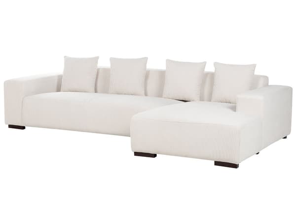 Venstrehånds hjørnesofa med puff Off-White Corduroy L-formet 4-seters Jumbo Cord med puter Moderne design